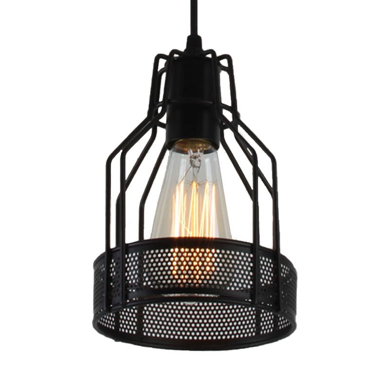 Caged Restaurant Pendant Lighting Antique Industrial Metal 1 Bulb Black Hanging Fixture with Mesh Screen