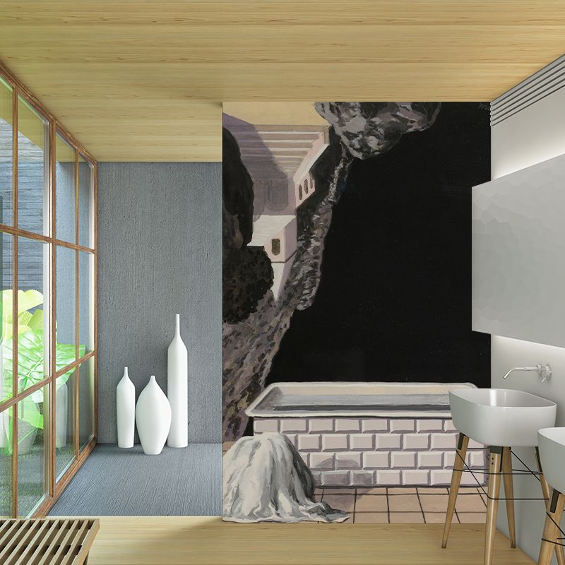 Large Tub at Courtyard Mural Decal for Bathroom Artistry Wall Decor in Black-Brown, Waterproof