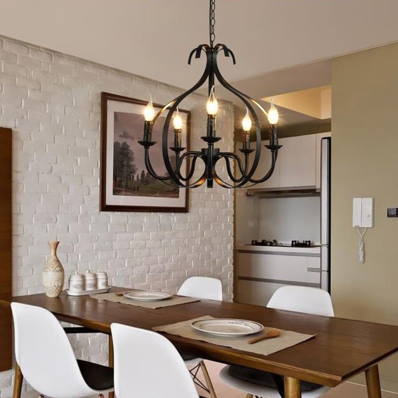 Metal Black Pendant Lamp Swirled Arm 5 Lights Classic Chandelier Light Fixture for Living Room