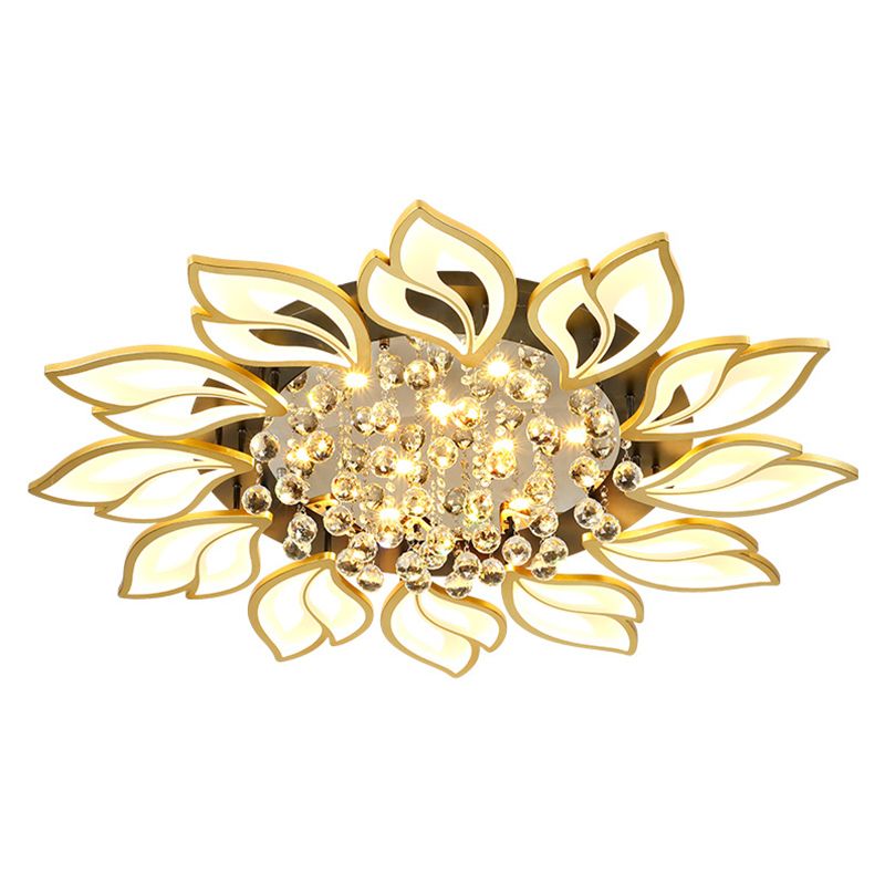 Gold Finish Flower Ceiling Lighting Contemporary LED Metal Semi Flush Mount with Crystal Ball