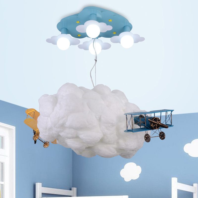 Cartoon Cloud and Airplane Hanging Chandelier Metal 7 Bulbs Kids Bedroom Ceiling Pendant Light in White