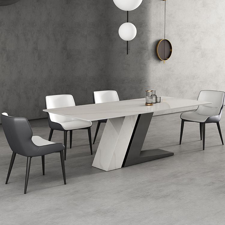 Modern Style Sintered Stone Dining Set with White Rectangle Shape Table and Double Pedestal Base