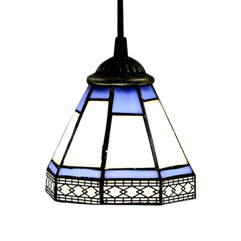 Stained Glass Tapered Swag Lamp Tiffany-Style 3 Heads Blue and White Cluster Pendant Light with Round/Linear Canopy