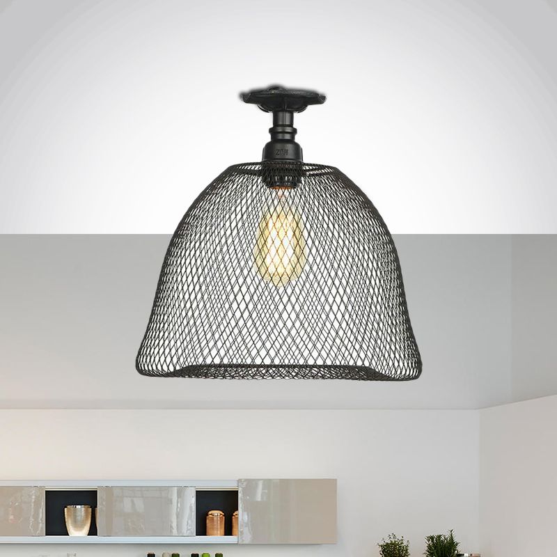1 Bulb Saucer/Barrel Semi Flush Light Industrial Stylish Black Finish Metal Ceiling Mounted Light with Mesh Screen
