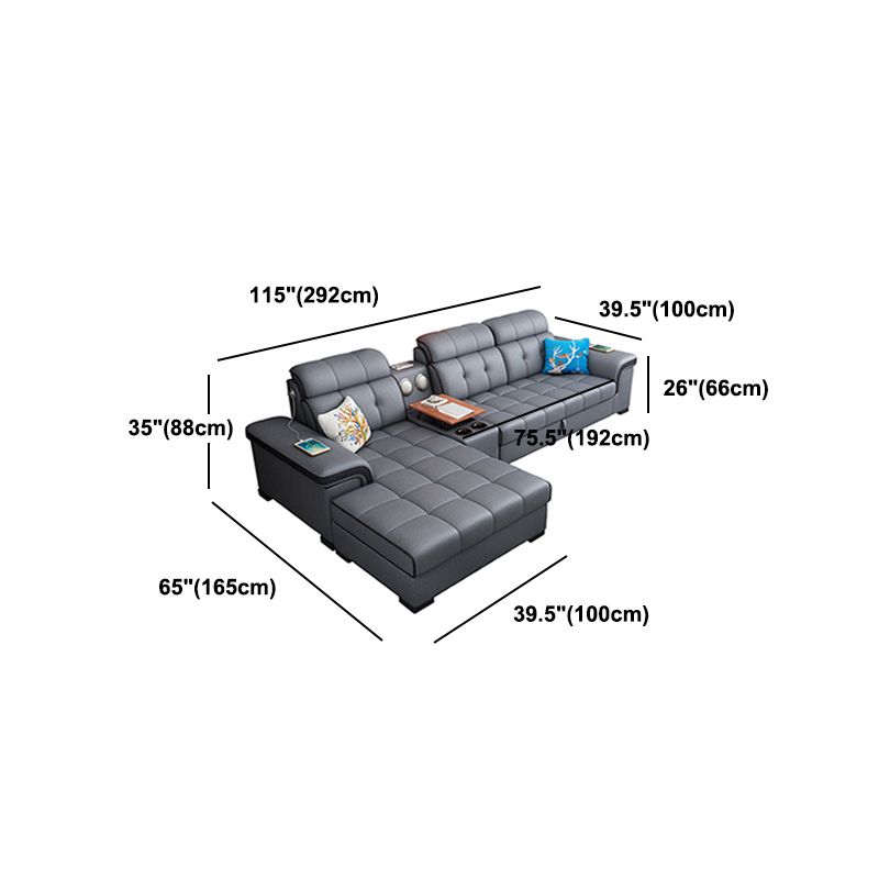 Sewn Pillow Back Sectional Convertible Grey Sofa Bed with Adjustable Headrest