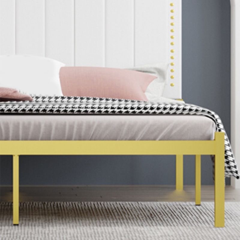 Iron Bed with Faux Leather Stepped Headboard and Nailhead Trim