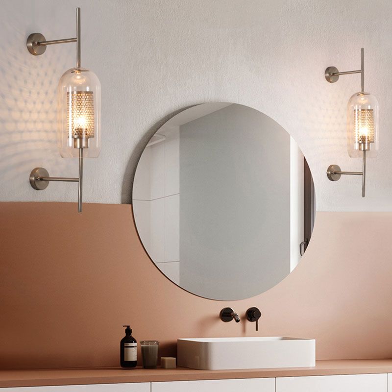 Silver/Gold Cylindrical Wall Sconce Industrial 1 Light Smoke Glass Wall Mount Light Fixture, 5"/6" Wide