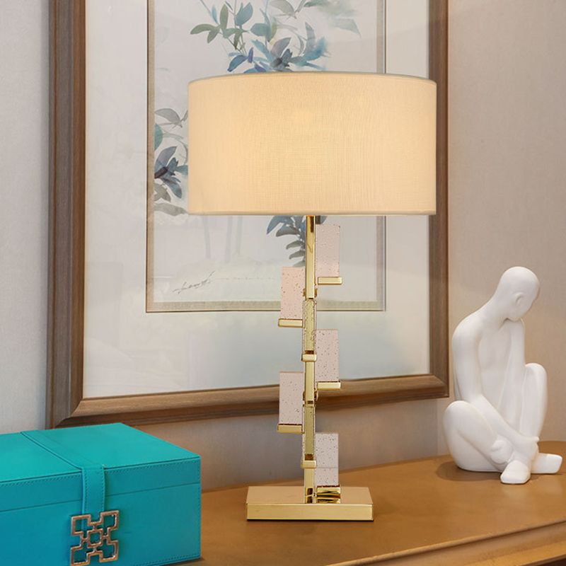White Drum Shade Crystal Table Light Simplicity 1 Bulb Fabric Small Desk Lamp for Bedside