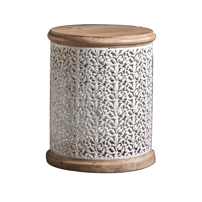 French Country Wood Round Tray Coffee Table Iron Drum Cocktail Table