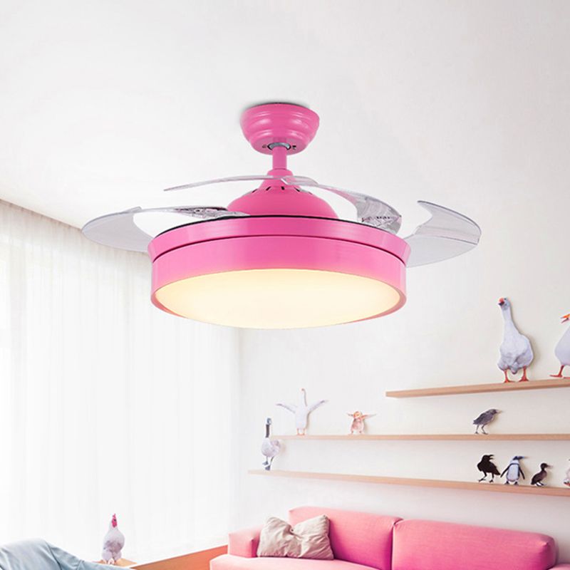 Roze cirkelvormige plafondventilator Lamp Moderne Acryl Slaapkamer 4 Blades LED Semi Flush Lighting, 42 "breed
