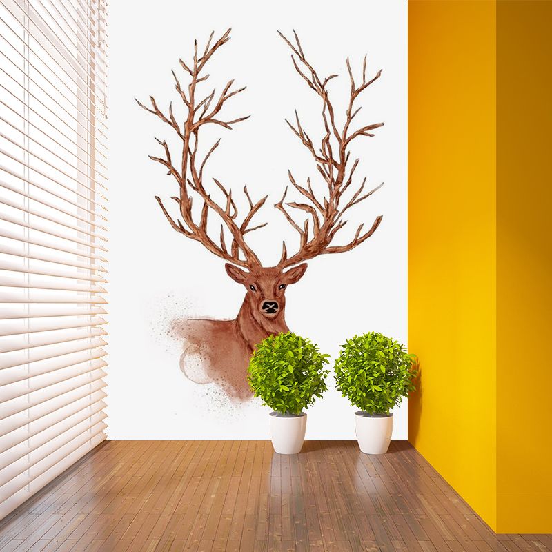 Non-Woven Waterproof Mural Nordic Style Deer Patterned Wall Covering in Brown for Home