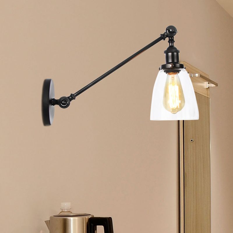 Black/Bronze/Brass 1 Light Wall Light Fixture Industrial Style Clear Glass Tapered Sconce with Arm, 8"/12" L