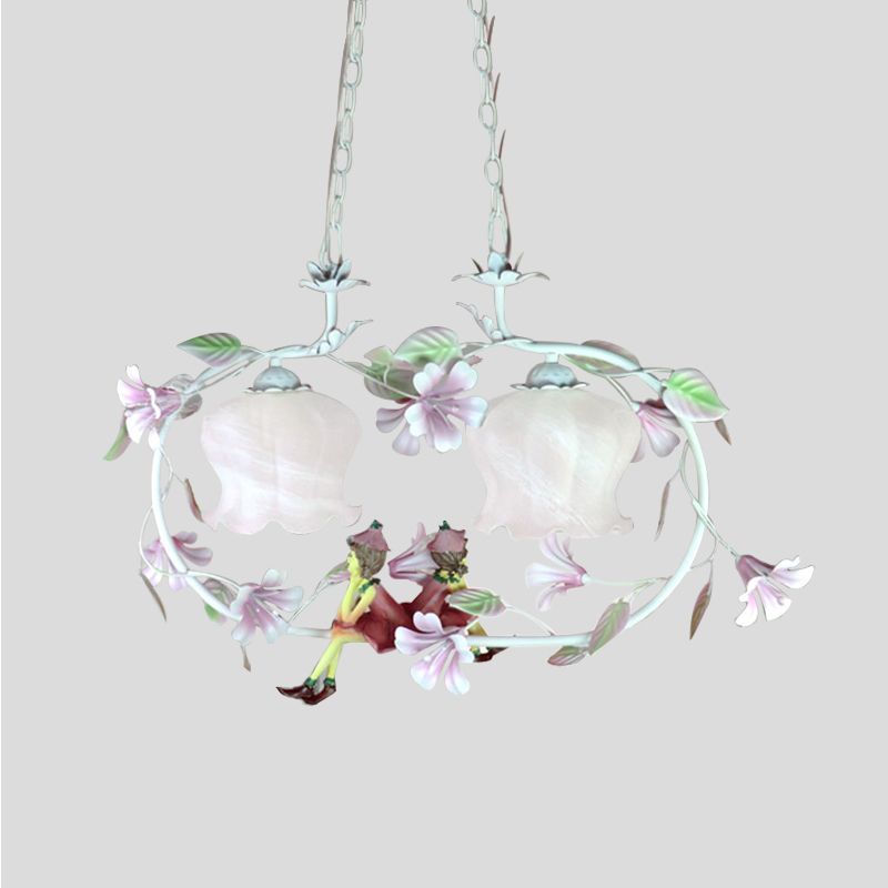 Pink Oval Hanging Chandelier Pastoral White Glass 2 Lights Living Room Ceiling Pendant