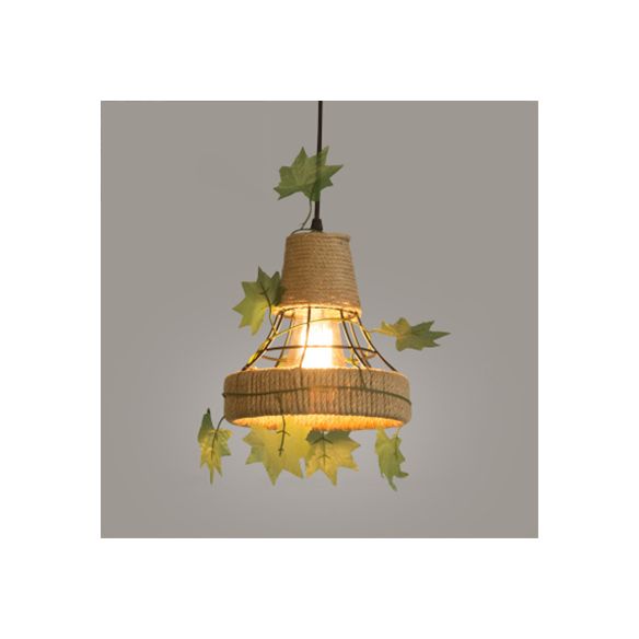 BEIGE 1 Light Hanging Lampy Style Country Metal and Rope Globe / Barrel Cage Pendant Lighting For Coffee Shop