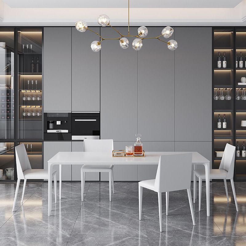 Table rectangulaire contemporaine en métal blanc table à manger en pierre fritrée avec 4 jambes