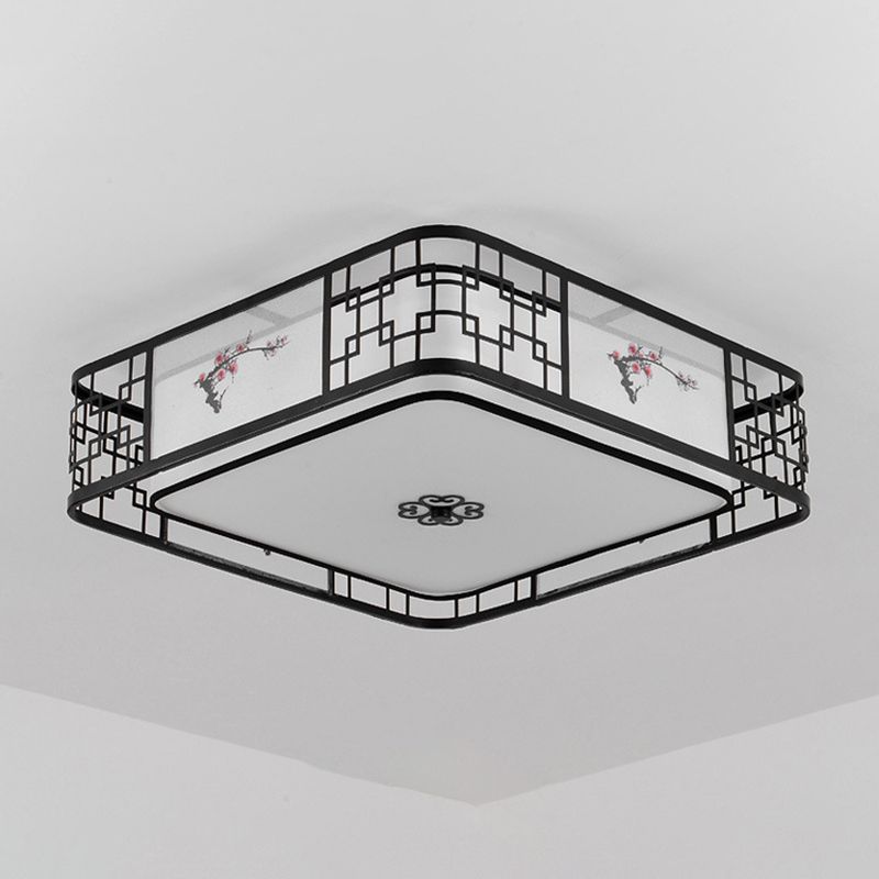 Noir 5-Fixation du plafond de la lumière dans le style traditionnel Concise en fer forgé Geometric Flush Mount with Embroidered Fabrics Shade