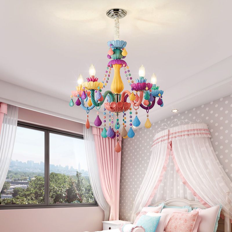 Candle Baby Room Chandelier Metal Macaron Suspension Light with Crystal Drapes