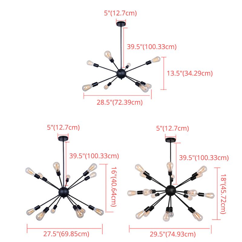 Cambadora de lámpara de lámpara en forma de ráfaga de plancha negra Bombilla de estilo industrial de estilo industrial con 4 x 9.8 "varillas colgantes