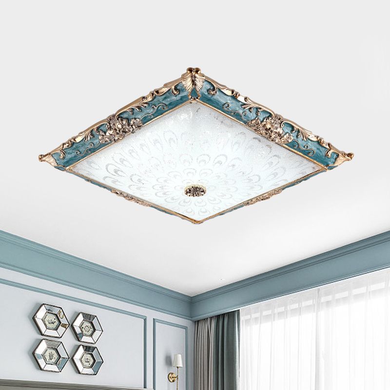 Traditional Square Flush Ceiling Light White Glass LED Flush Mount Lighting Fixture in Green, 16"/19.5" Width