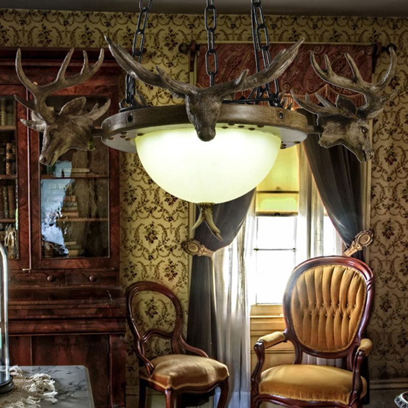 3-Bulb Glass Suspension Light Modern Beige Hemisphere Living Room Chandelier Lighting with Deer Head