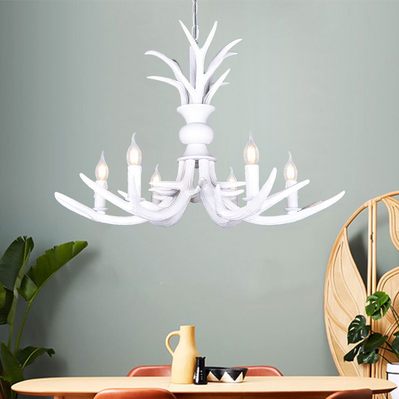 Resin White Hanging Chandelier Candle Shape 6/8 Bulbs Rustic Pendant Light Fixture for Restaurant