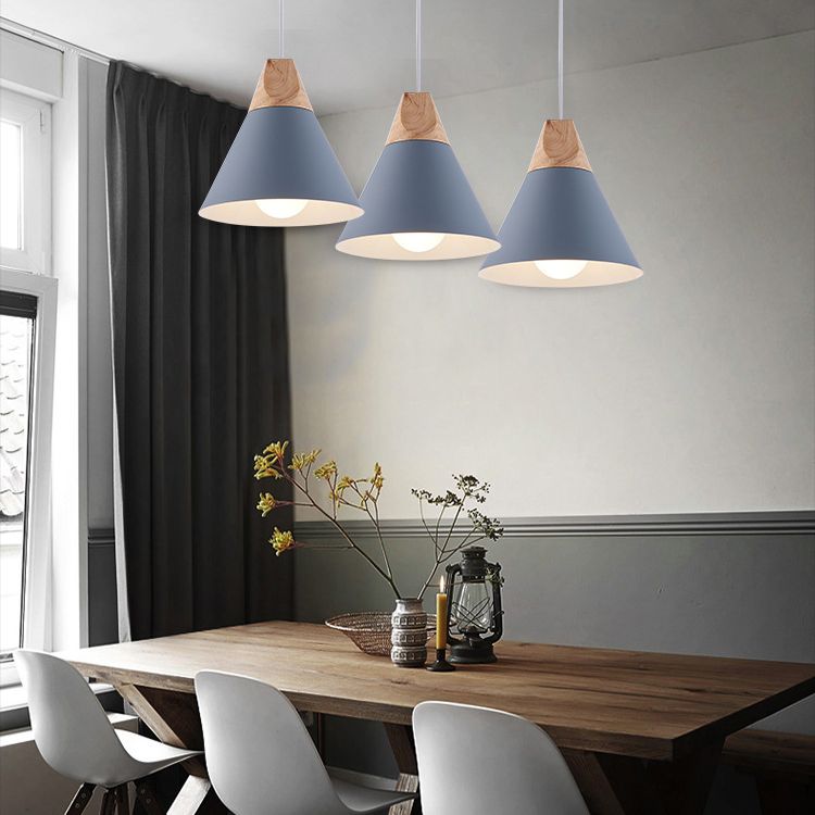 Metal Tapered Hanging Light Nordic Style 1 Light Wooden Top Ceiling Pendant Lamp for Living Room