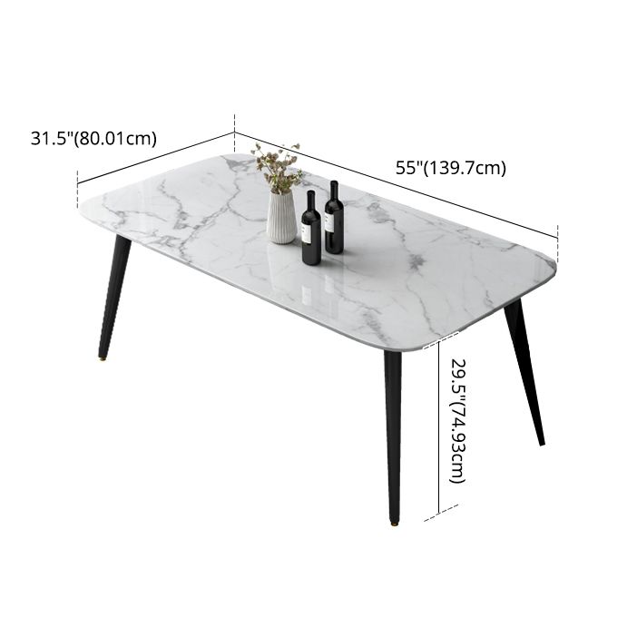 Contemporary Style Marble Dining Set with White Table and 4 Black Legs Base for Home Use
