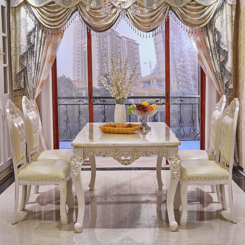Solid Wood Victorian Rectangle Table Marble Dining Table with 4 Legs