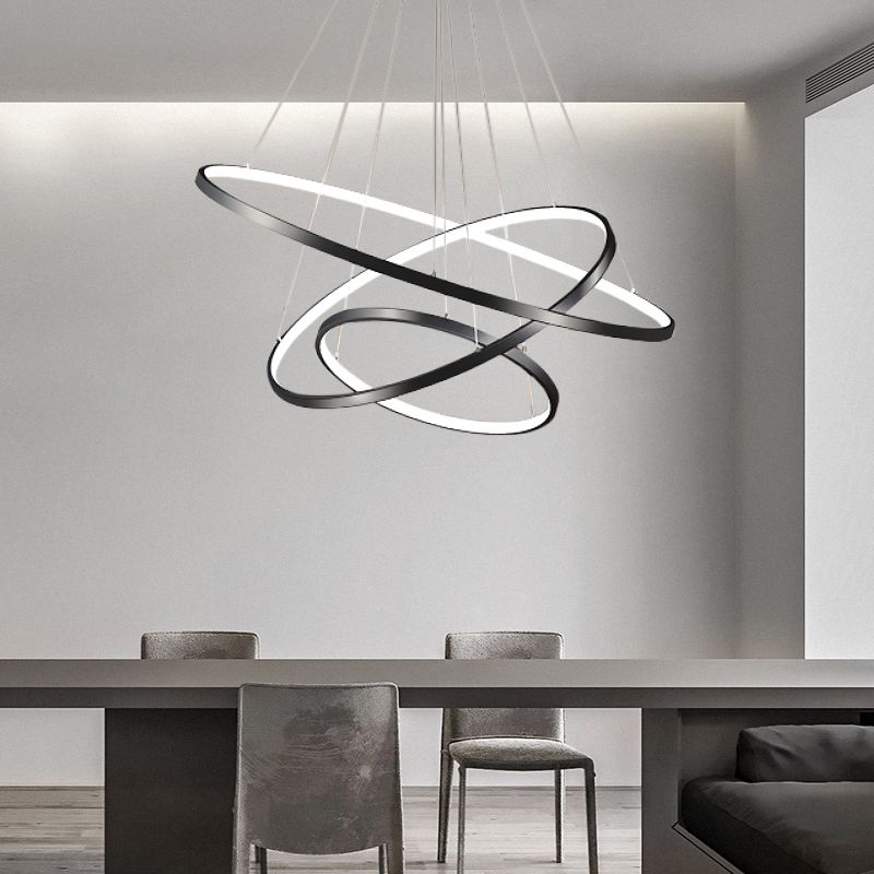 Height Adjustable Ring LED Pendant Lighting Simplicity Metal Black Chandelier for Dining Room