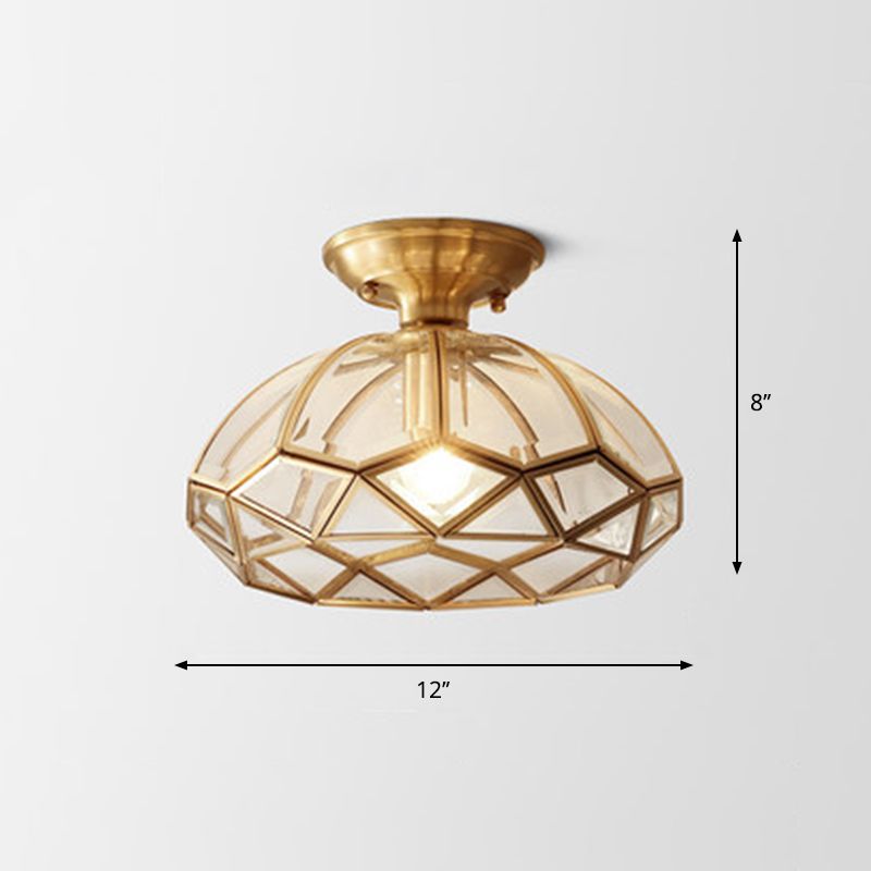 Geometrische Deckenlampe im Kolonialstil, 1 Glühbirne, halbbündiges Licht aus transparentem Glas in Messing
