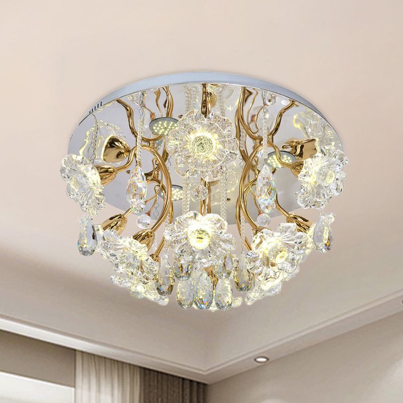 Gold LED Lighting Fixture Traditional Clear Crystal Floral Shade Flush Mount Lamp with Droplet