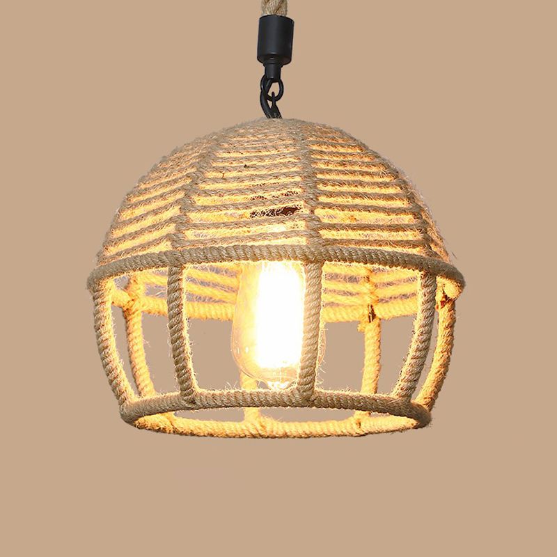 1 Bulb Hanging Light Rustic Style Wrapped Hemp Rope Pendant Light Fixture in Brown