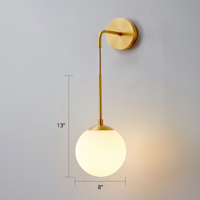 Global Wall Light Fixture Simplicity White Glass 1 Bulb Bedroom Sconce Lamp in Brass