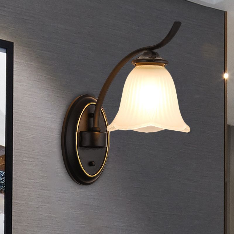 Single Head Sconce Light Countryside Flower Shape Cream Glass Wall Mounted Lamp in Black