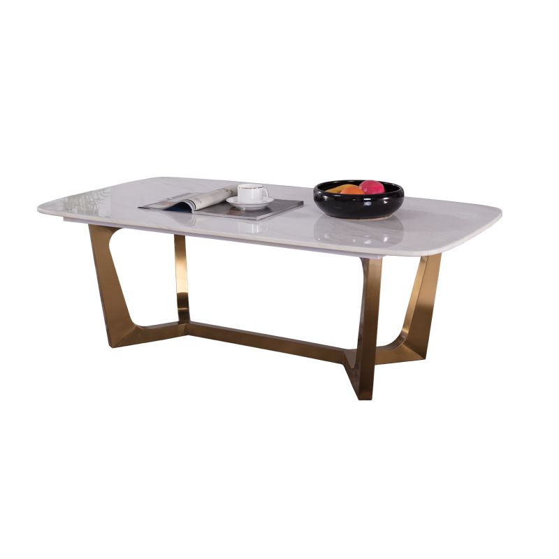 White Marble Top Coffee Table with Golden Steel Trestle Base