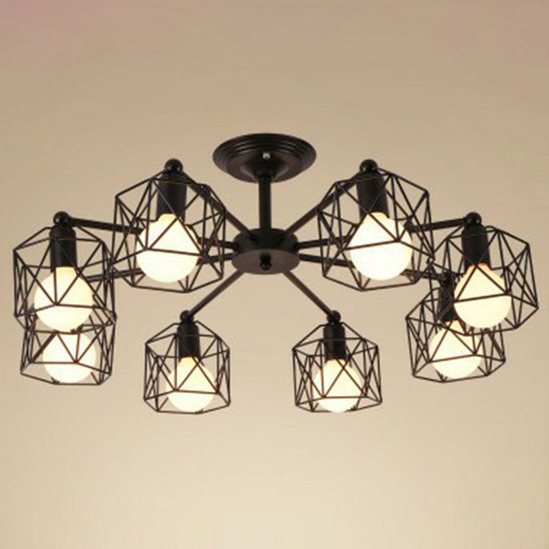Iron Hexagonal Cage Suspension Light Simplicity Clothes Shop Chandelier Light in Black