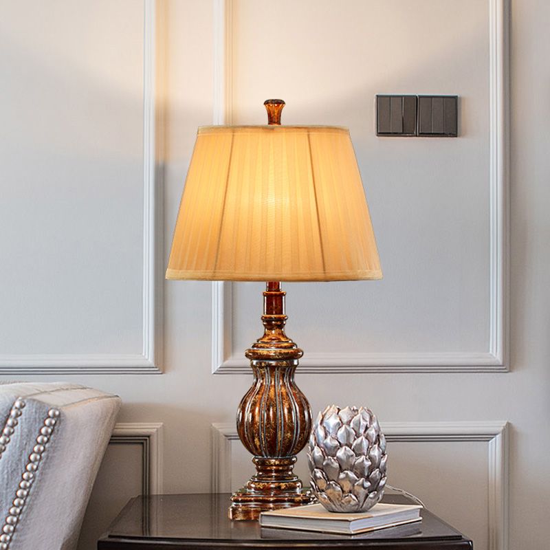 Antique Style Empire Shade Desk Light 1 Bulb Fabric Night Table Lamp in Brown with Resin Base