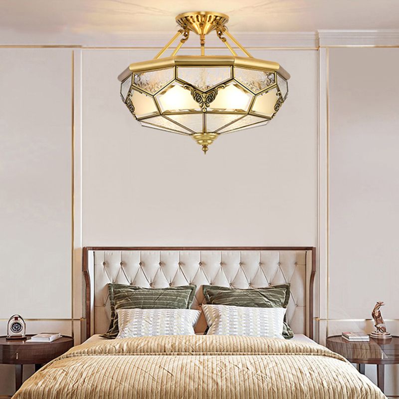 Bowl Shaped Frost Glass Flush Mount Lighting Classic Bedroom Semi Flush Chandelier in Gold