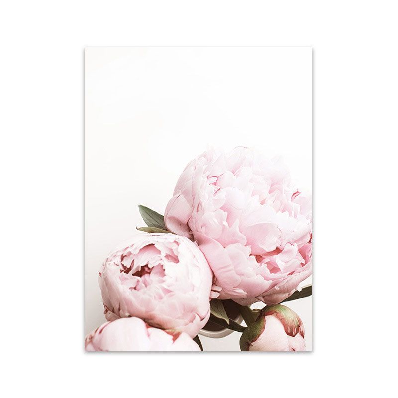 Pink Blossoming Peony Wall Art Flower Nordic Textured Canvas Print for Girls Bedroom