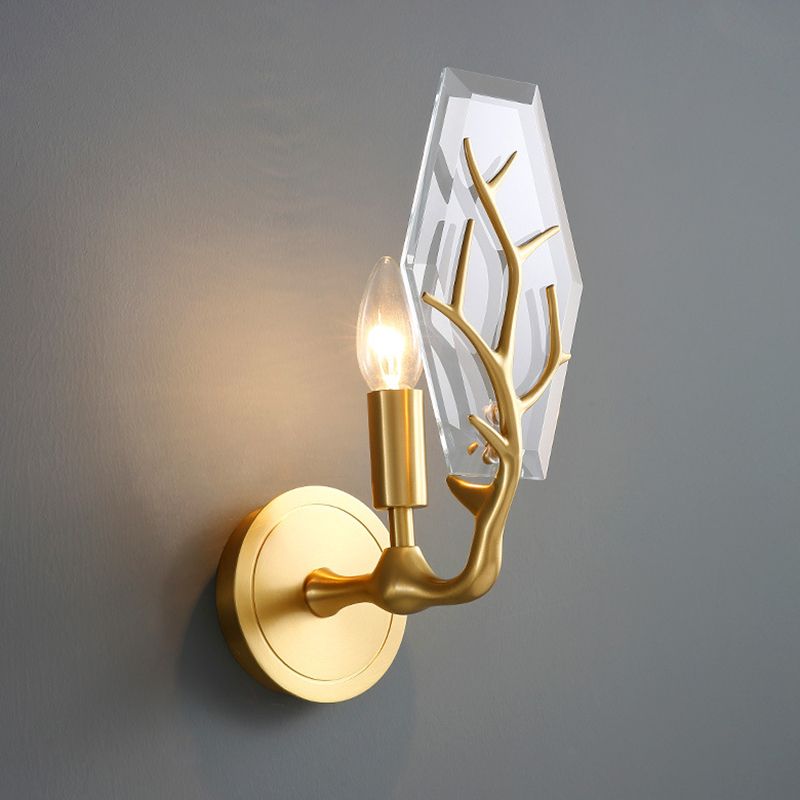 Artistic Hexagonal Shape Wall Lamp Crystal Single Living Room Wall Light Fixture in Brass