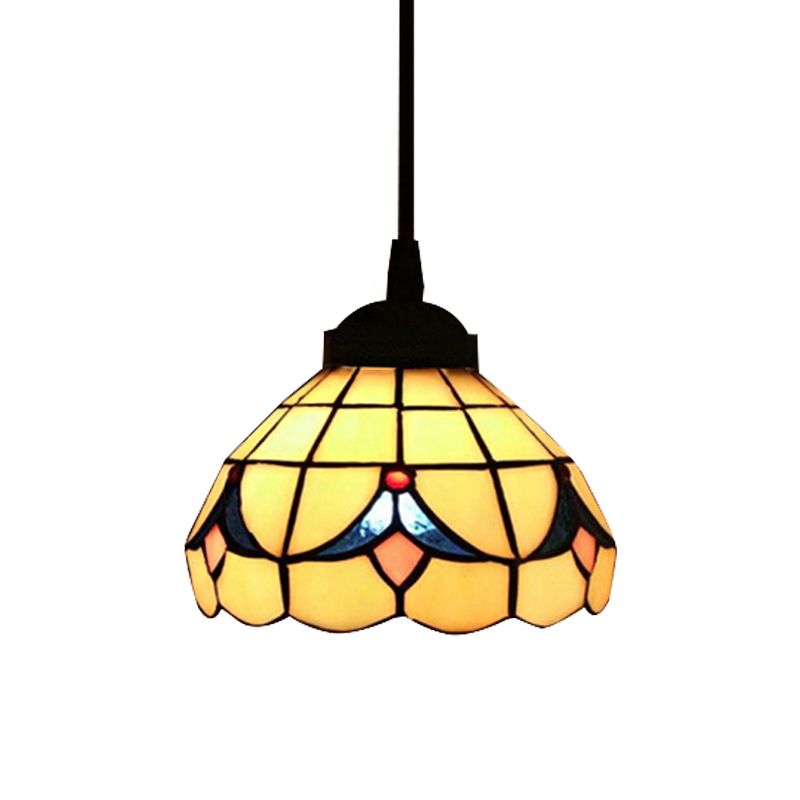 Flower Hanging Light Fixture Tiffany Cut Glass 1 Light Beige Suspension Pendant for Bedroom