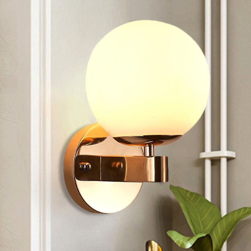 Single Bulb Wall Mounted Light with Sphere Opaline Glass Vintage Style Bedroom Wall Sconce in Chrome/Gold