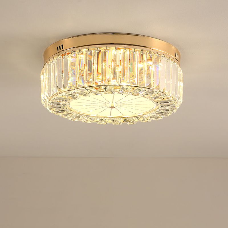 16"/19.5" Wide Drum LED Flushmount Modern Clear Prismatic Optical Crystal Living Room Close to Ceiling Lighting in Gold