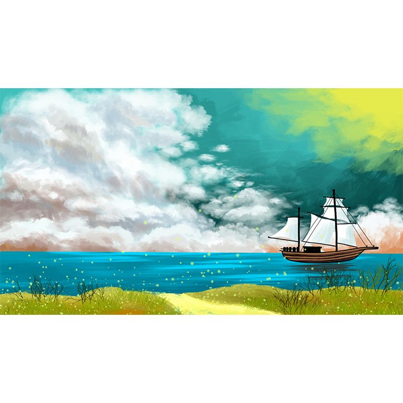 Kids Sailing Ship Mural Wallpaper Yellow-Blue Spring Seaside Landscape Wall Art for Home