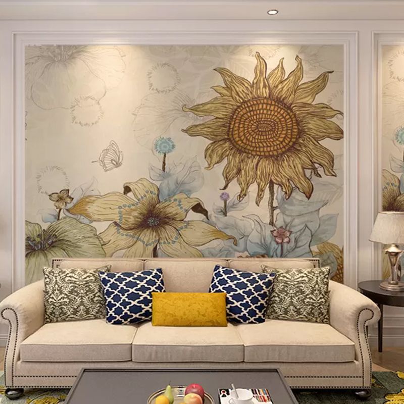 Decorative Sunflower Mural Wallpaper Non-Woven Fabric Nostalgic Wall Covering for Dining Room Decor