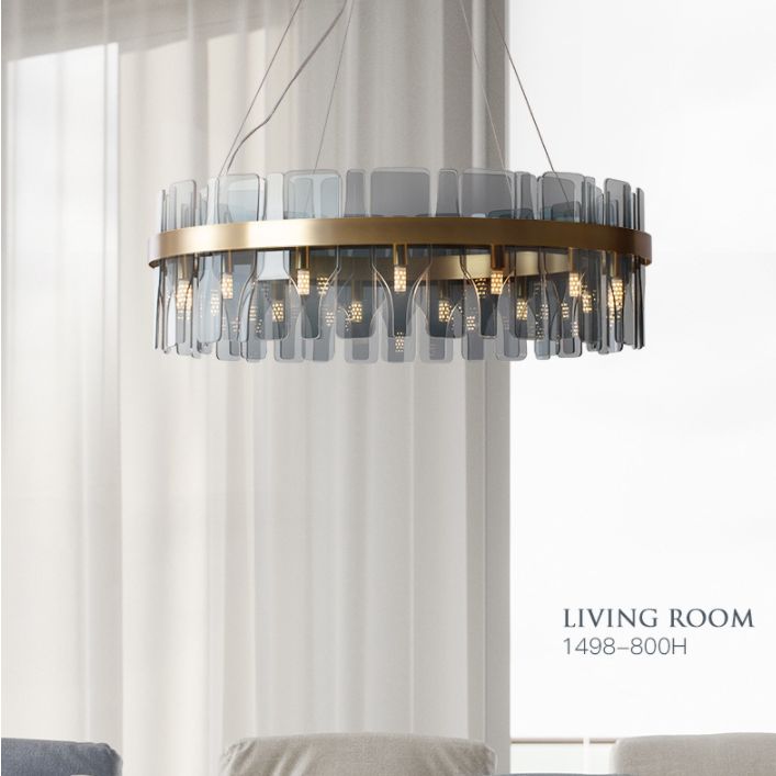 Gold Circular Pendant Lamp Modern Minimalist Smoked Glass Living Room Hanging Ceiling Light