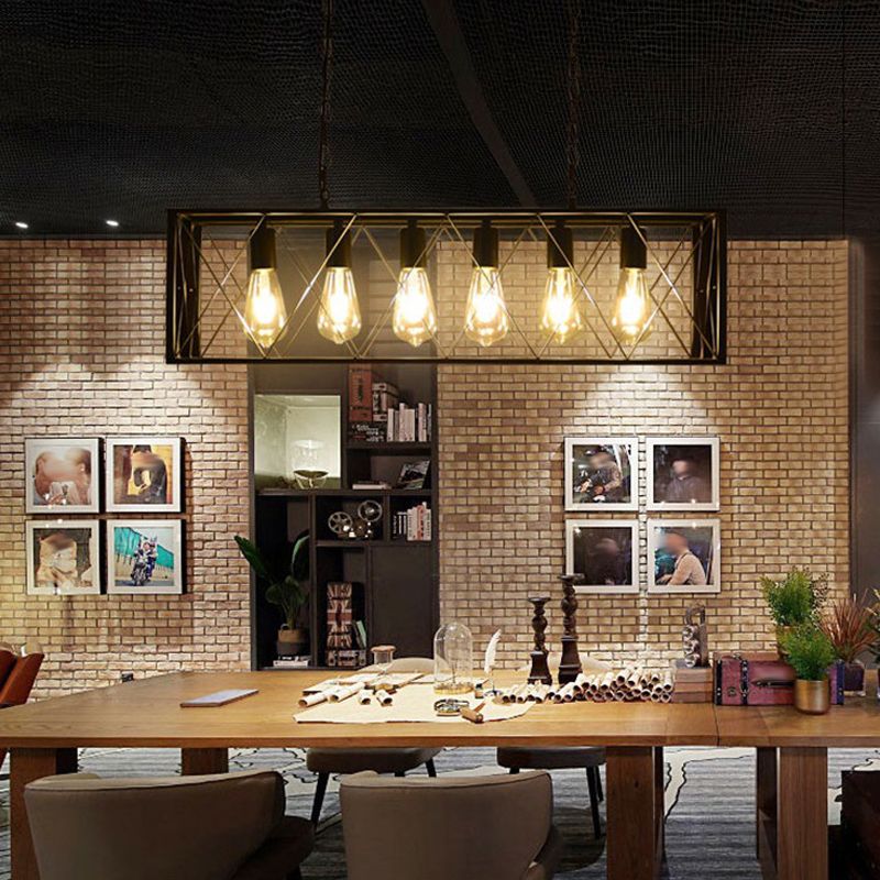 4 / 6 - Light Ceiling Pendant Iron Frame Industrial Rectangle Kitchen Island Fixture