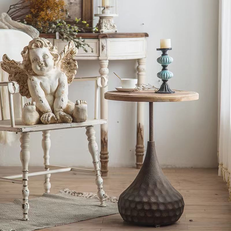 French Country Style Round Wood Top Side Table Iron Pedestal End Table