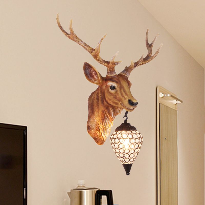 Teardrop Beveled Crystal Wall Lighting Country 15"/20.5"/24.5" Wide 1 Head Bedroom Sconce Lamp with Deer Head in White/Yellow/Gold