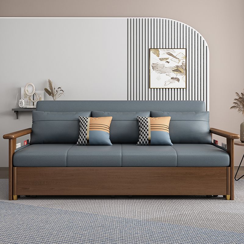 Convertible Square Arm Sofa with Pillows Faux Leather Sofa Bed in Blue
